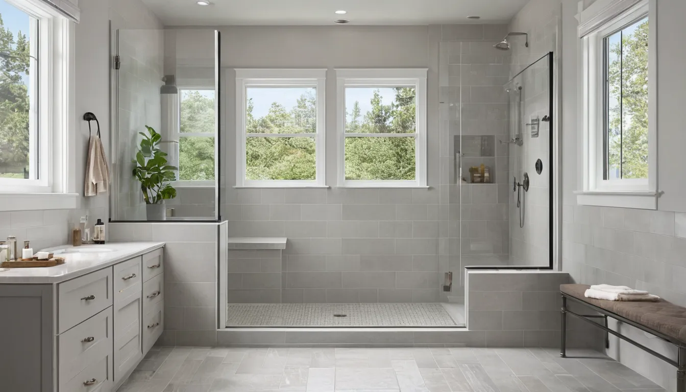 Bright bathroom in a Economy home with a new low-entry walk-in shower, glass panel and grab bar