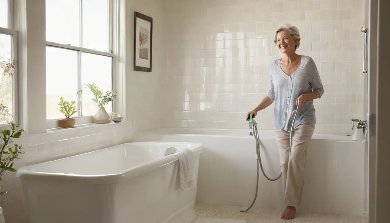 Smiling older homeowner sitting in a walk-in tub with the door closed in a bright bathroom in Economy